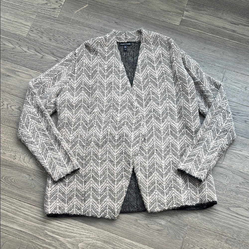 Eileen Fisher | Baby Alpaca Herringbone Patterned Sweater Cardigan Size Large